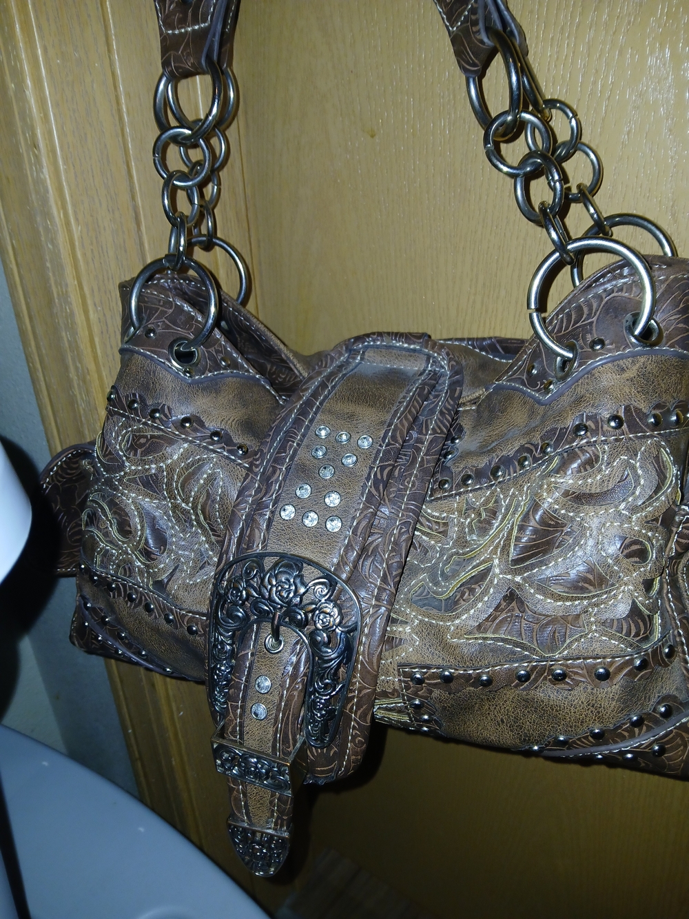 Montana West Brown Embossed Shoulder Bag with Decorative Buckle